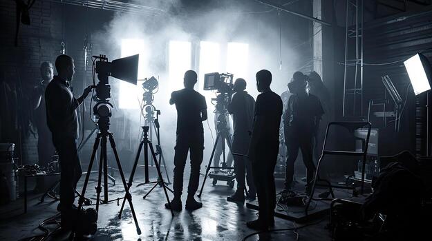 ai-generated-silhouette-images-of-video-production-behind-the-scenes-making-of-tv-commercial-movie-that-film-crew-team-lightman-photo